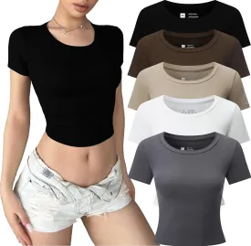 5 Pack Women's Casual Basic Going Out Crop Tops Short Sleeve Slim Fit Sexy Crew Neck Tight T Shirts