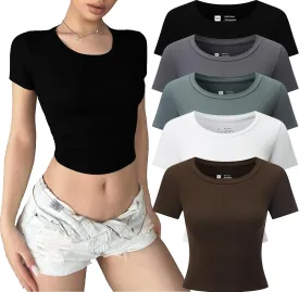 5 Pack Women's Casual Basic Going Out Crop Tops Short Sleeve Slim Fit Sexy Crew Neck Tight T Shirts