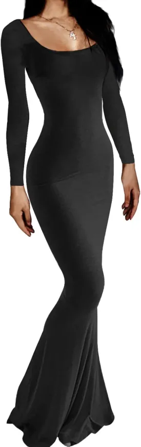 AnotherChill Women's Casual Lounge Slip Long Dress Sexy Long Sleeve Backless Bodycon Maxi Dresses 2023 Fall Slim Elegant
