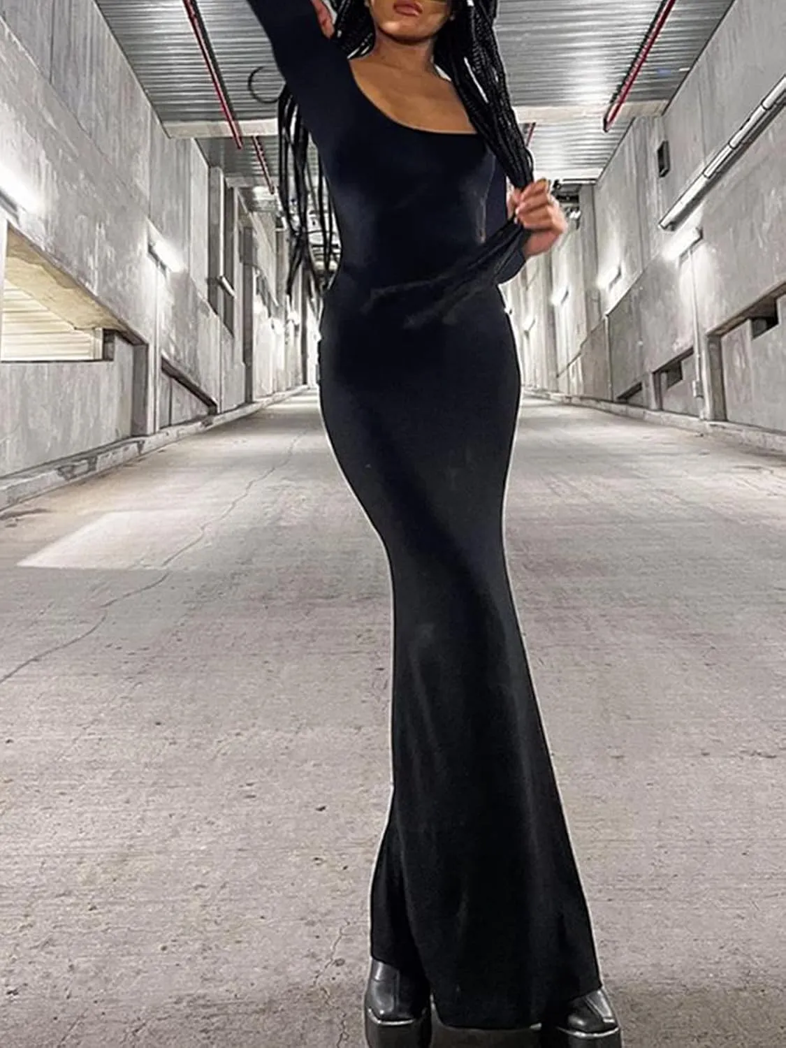 AnotherChill Women's Casual Lounge Slip Long Dress Sexy Long Sleeve Backless Bodycon Maxi Dresses 2023 Fall Slim Elegant