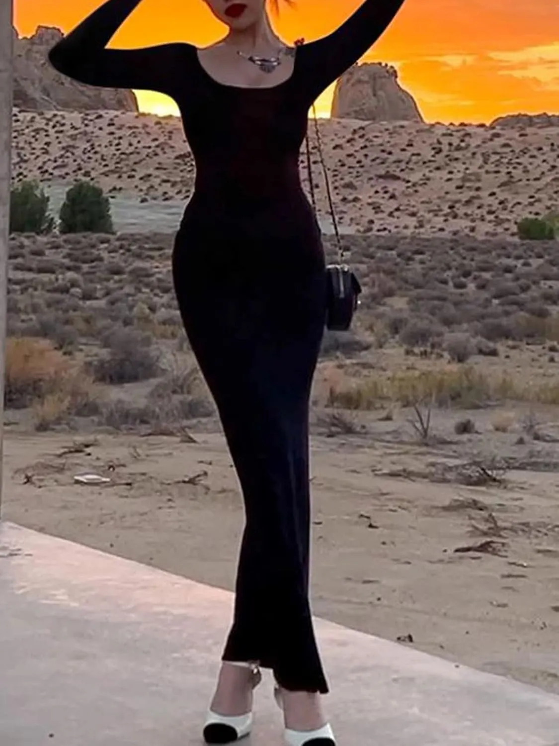 AnotherChill Women's Casual Lounge Slip Long Dress Sexy Long Sleeve Backless Bodycon Maxi Dresses 2023 Fall Slim Elegant