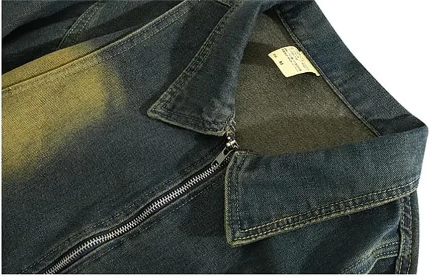 Bciopll Men's Distressed High Street Tie-Dye Workwear Denim Jacket Vintage Loose Zipper Cowboy Coat
