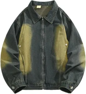 Bciopll Men's Distressed High Street Tie-Dye Workwear Denim Jacket Vintage Loose Zipper Cowboy Coat