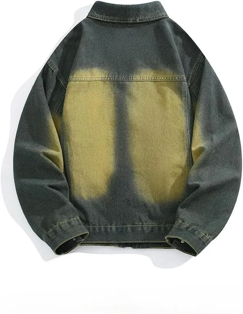 Bciopll Men's Distressed High Street Tie-Dye Workwear Denim Jacket Vintage Loose Zipper Cowboy Coat