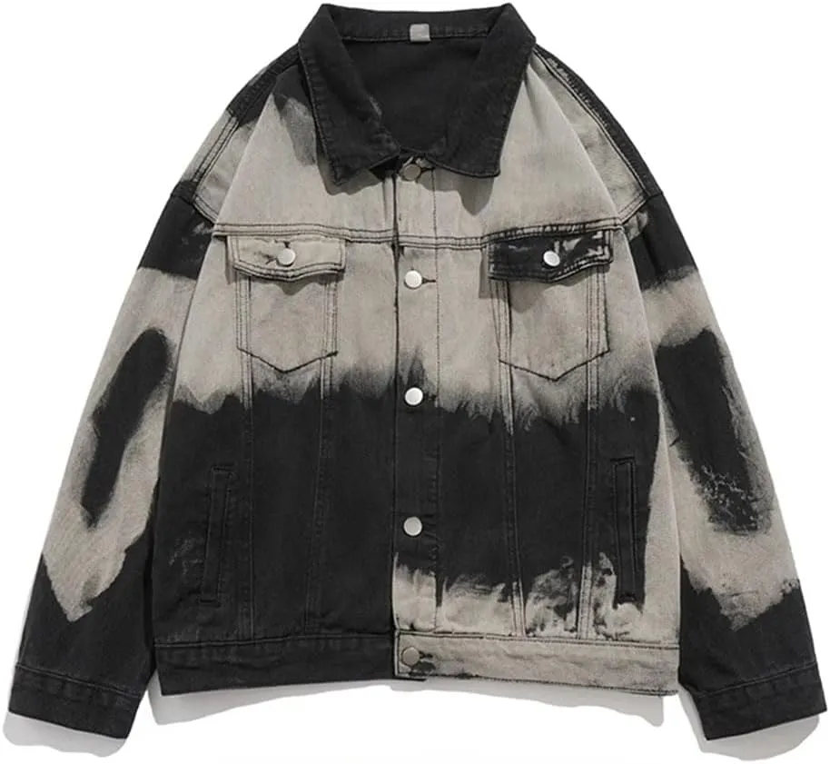 Bciopll Men's Distressed Vintage Tie-Dye Denim Jackets Hip Hop Casual Single Breasted Cowboy Coats