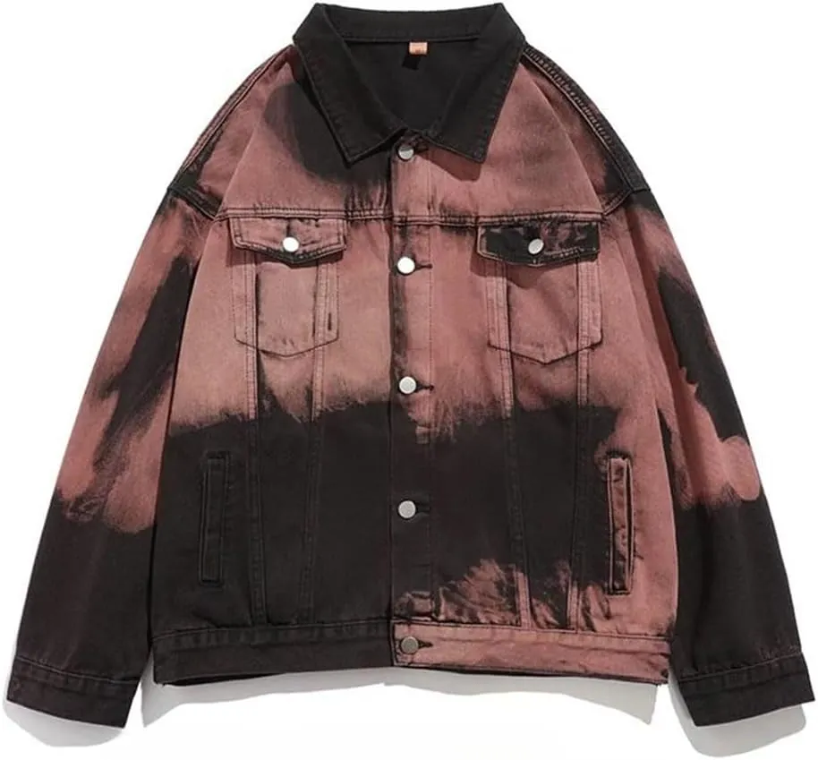 Bciopll Men's Distressed Vintage Tie-Dye Denim Jackets Hip Hop Casual Single Breasted Cowboy Coats