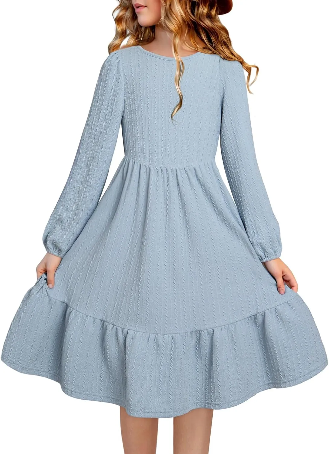 blibean Girls 2025 Long Sleeve Dresses Tween Rib Knit Pockets Dress Size 6-15 Years