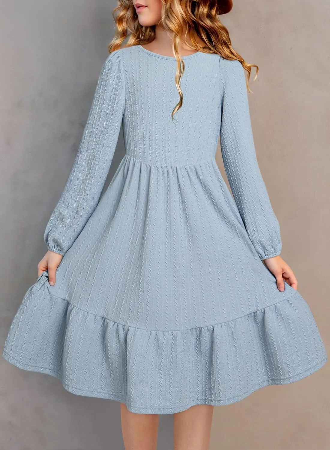 blibean Girls 2025 Long Sleeve Dresses Tween Rib Knit Pockets Dress Size 6-15 Years
