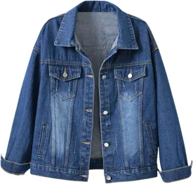 Bomber Jackets for Women Solid Button Down Jeans Denim Jackets Plus Size Trendy Casual Oversized Coat with Pockets