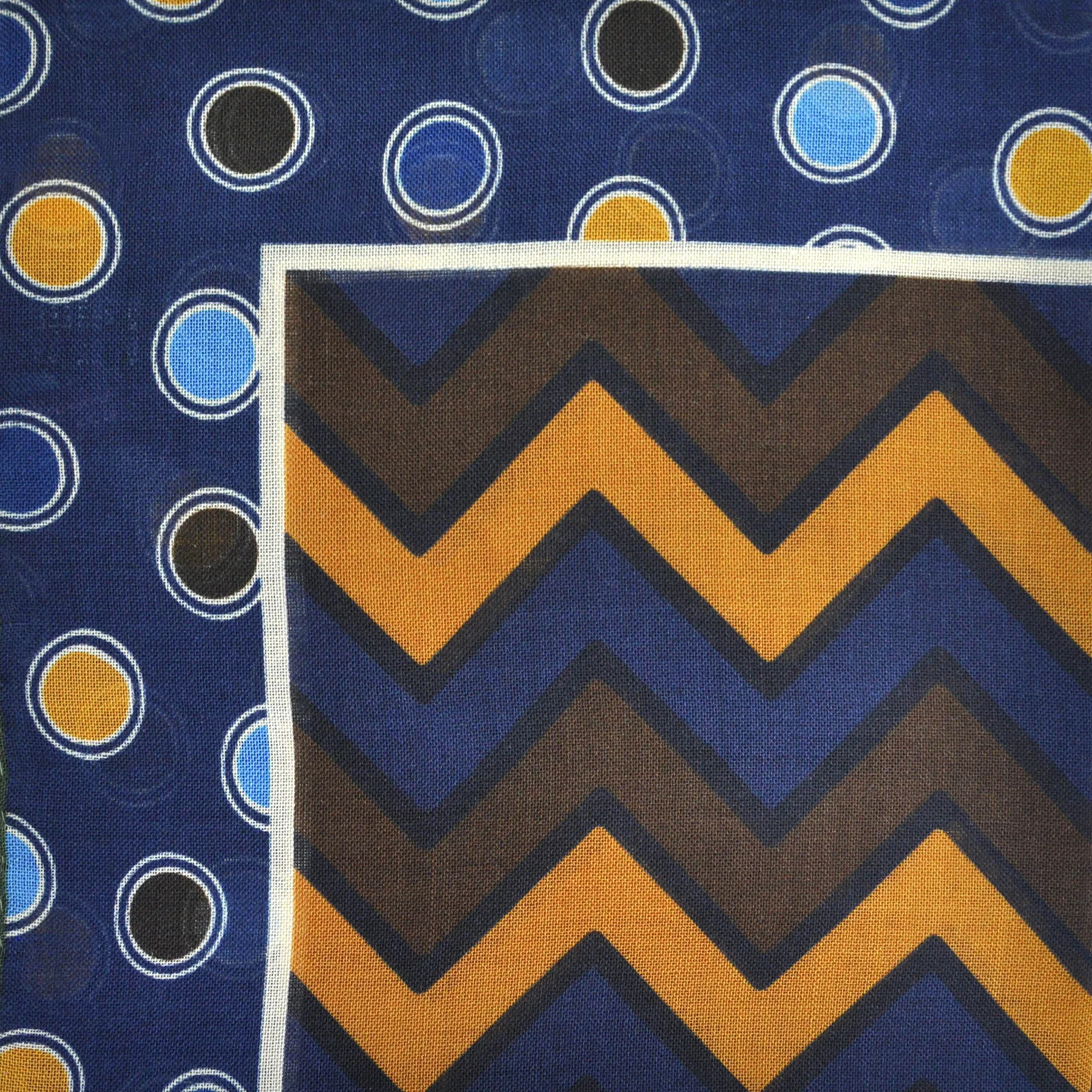 Chevrons & Spots Wool & Silk Pocket Square in Blue, Brown, Ochre & Navy