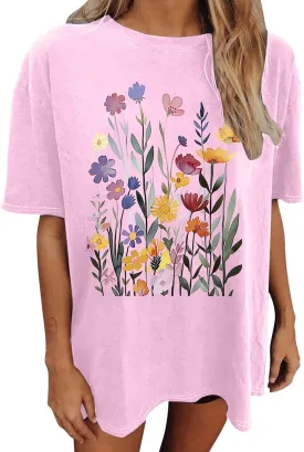 Cute Shirts for Women Y2K Oversized Boho Wildflowers Tshirt Vintage Floral Graphic Tees Summer Flower Tops
