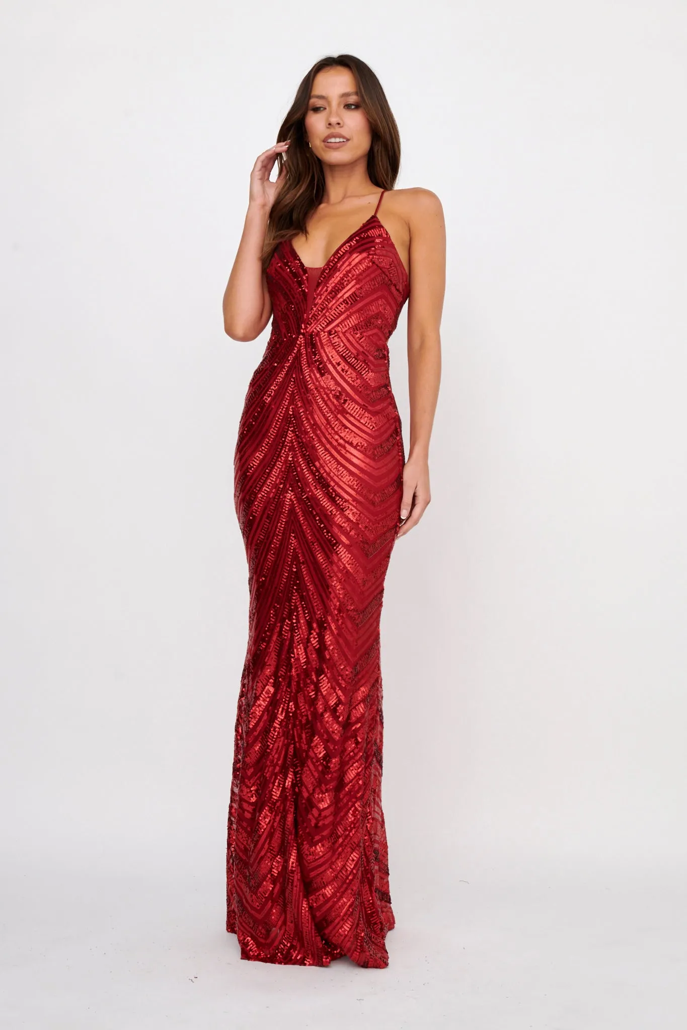 Dalila Open Tied Back Sequin Maxi Dress Red