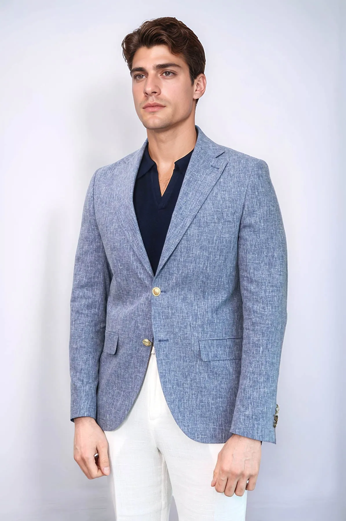 Dark Blue Textured Linen-Feel Gold Metal Button Slim Fit Men's Blazer Jacket - Wessi