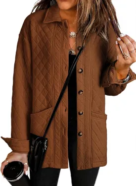 Dokotoo Casual Quilted Jackets for Women Button Down Collared Long Sleeve Shirts Spring Jackets with Pockets 2025