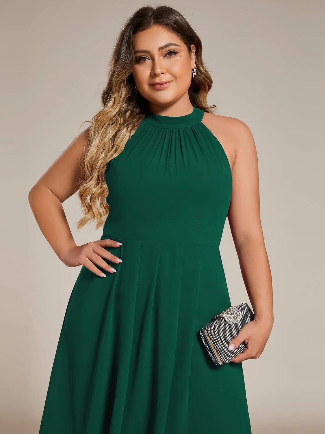 Ever-Pretty Plus Women's Sleeveless Halter A Line Pleated Plus Size High Low Wedding Guest Dresses 31926-DA