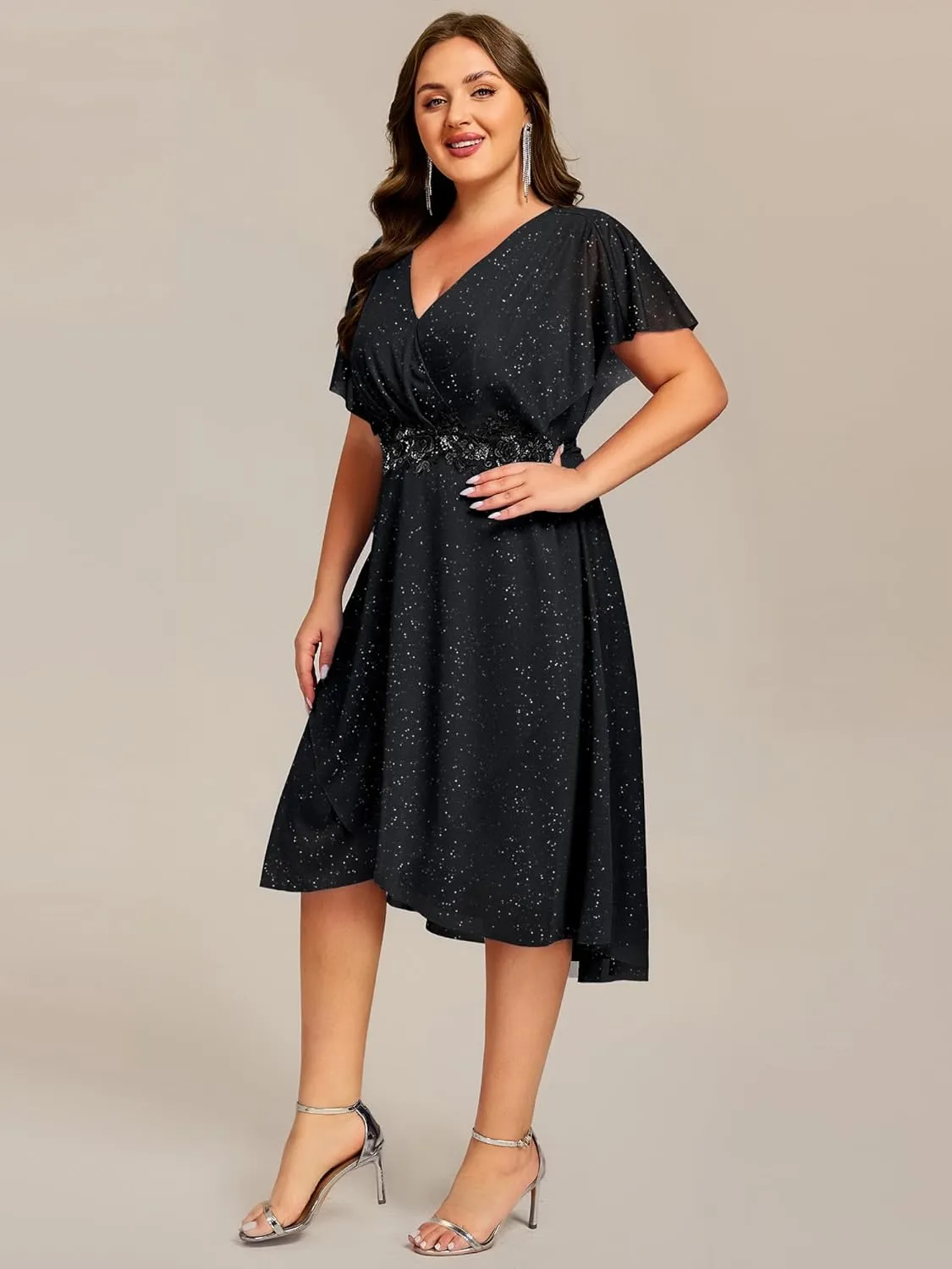 Ever-Pretty Plus Women's V Neck Short Sleeves Pleated Applique High Low Glitter Midi Plus Size Wedding Guest Dresses