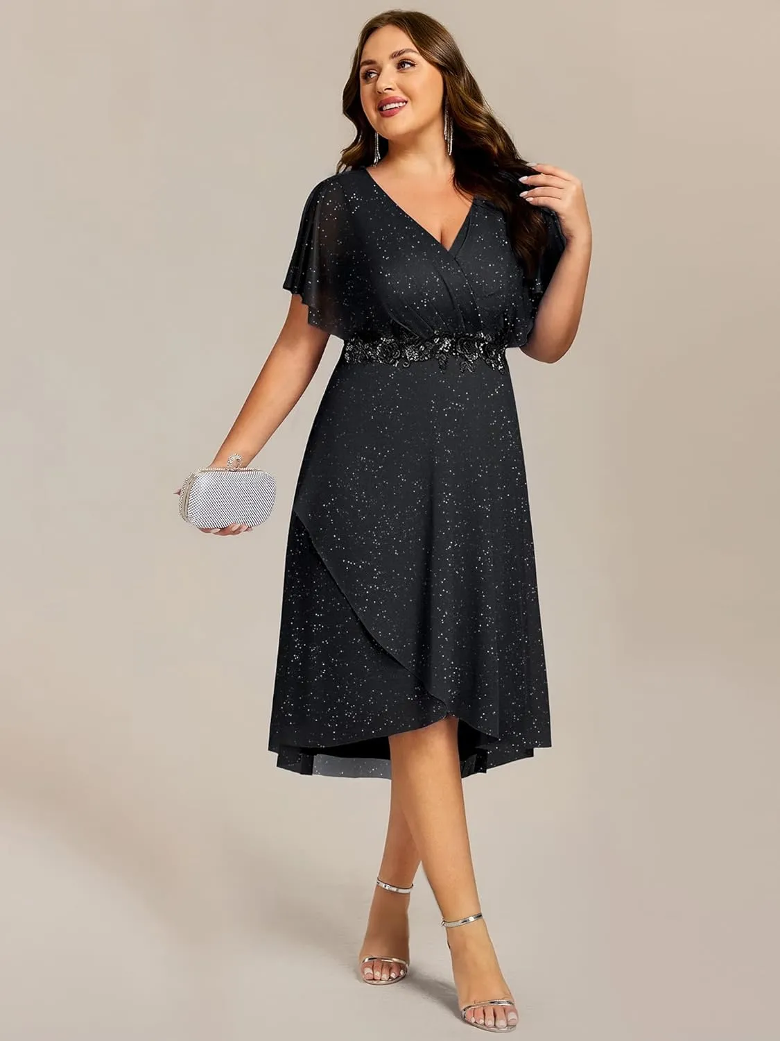 Ever-Pretty Plus Women's V Neck Short Sleeves Pleated Applique High Low Glitter Midi Plus Size Wedding Guest Dresses