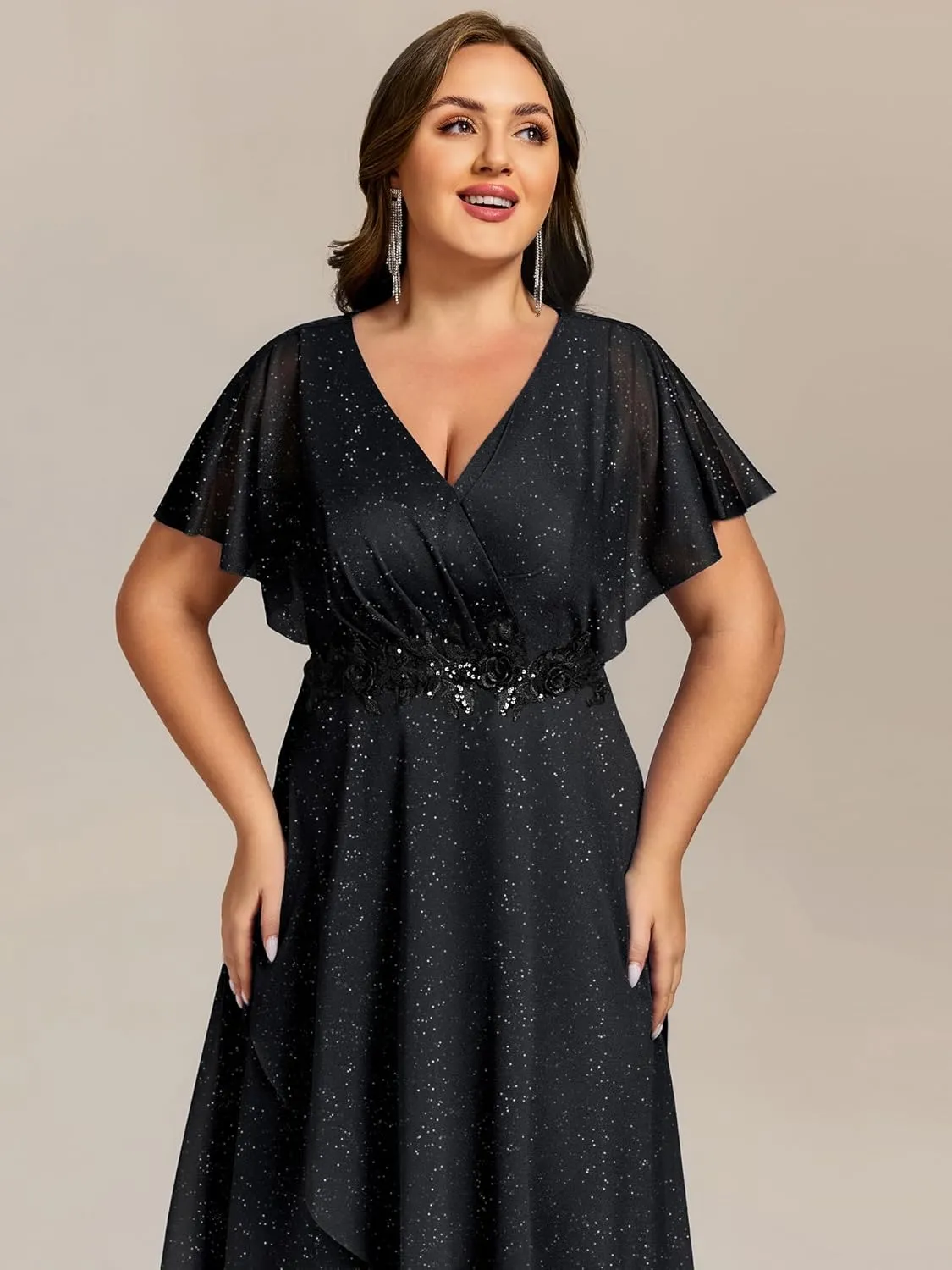 Ever-Pretty Plus Women's V Neck Short Sleeves Pleated Applique High Low Glitter Midi Plus Size Wedding Guest Dresses
