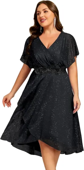Ever-Pretty Plus Women's V Neck Short Sleeves Pleated Applique High Low Glitter Midi Plus Size Wedding Guest Dresses