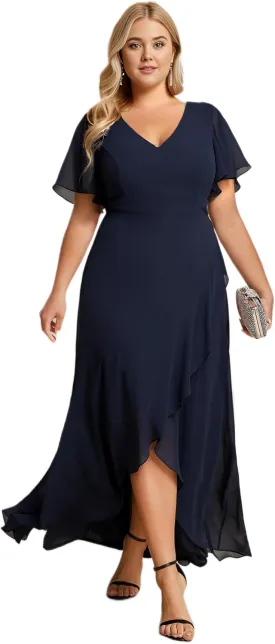 Ever-Pretty Women's Summer V Neck High Low Chiffon Plus Size Curvy Semi Formal Wedding Guest Dresses with Sleeves 1749-DAPH