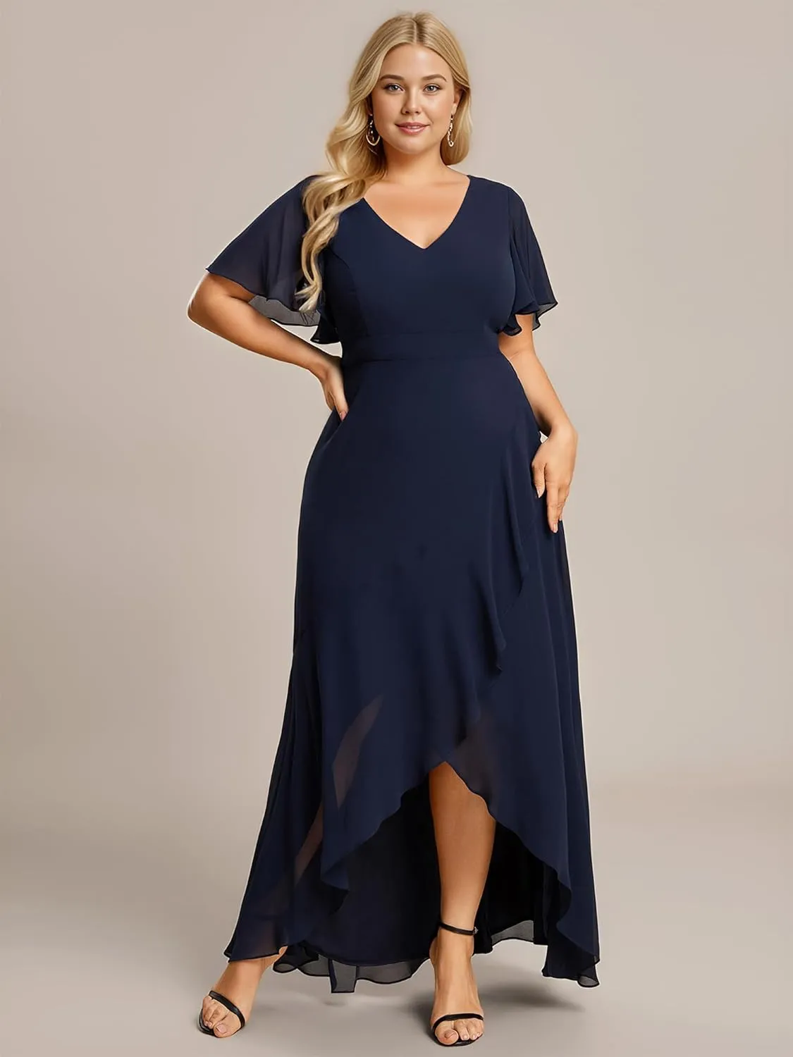 Ever-Pretty Women's Summer V Neck High Low Chiffon Plus Size Curvy Semi Formal Wedding Guest Dresses with Sleeves 1749-DAPH