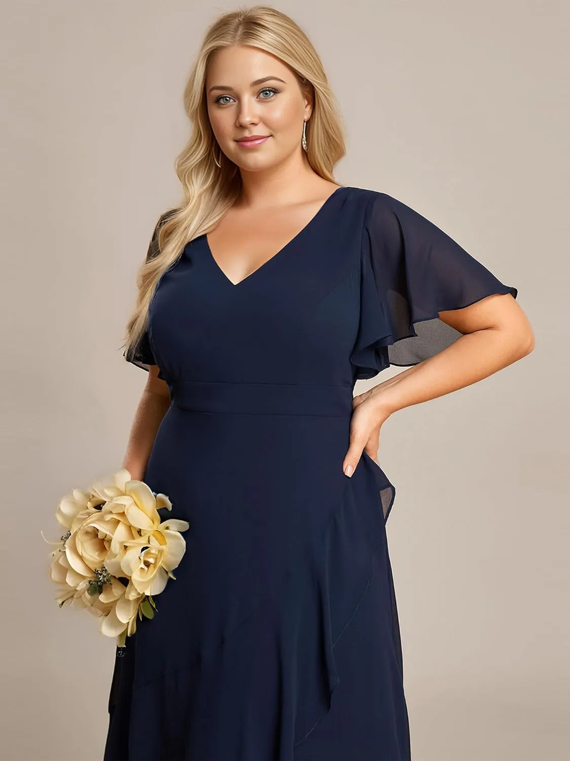Ever-Pretty Women's Summer V Neck High Low Chiffon Plus Size Curvy Semi Formal Wedding Guest Dresses with Sleeves 1749-DAPH