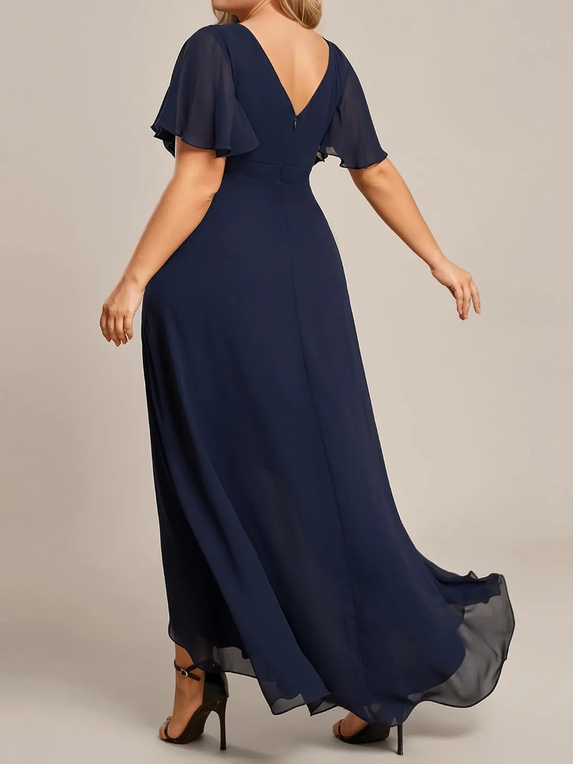 Ever-Pretty Women's Summer V Neck High Low Chiffon Plus Size Curvy Semi Formal Wedding Guest Dresses with Sleeves 1749-DAPH
