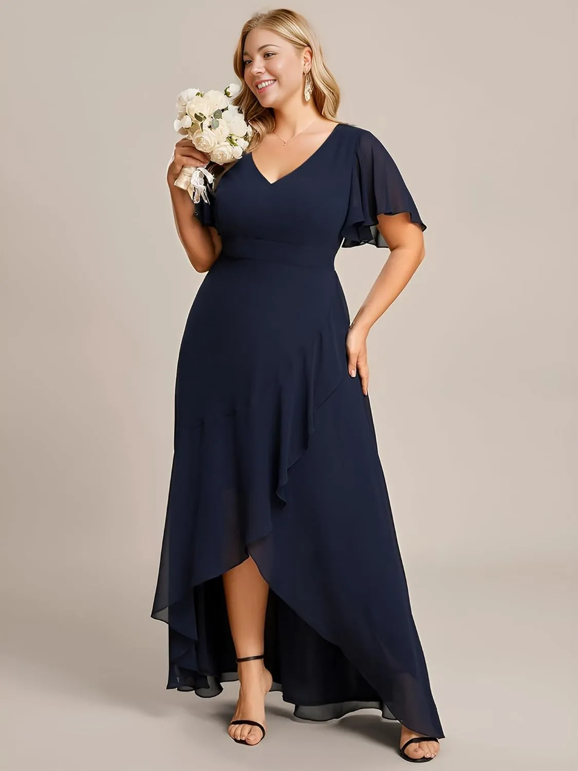 Ever-Pretty Women's Summer V Neck High Low Chiffon Plus Size Curvy Semi Formal Wedding Guest Dresses with Sleeves 1749-DAPH
