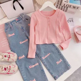 Fall Girls Clothing Set Solid Color Long Sleeve Top Letter Print Wide Leg Jeans 2Pcs For 4-12Y Kids Fashion Outfit