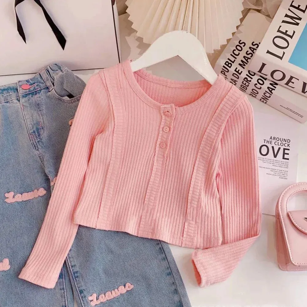 Fall Girls Clothing Set Solid Color Long Sleeve Top Letter Print Wide Leg Jeans 2Pcs For 4-12Y Kids Fashion Outfit