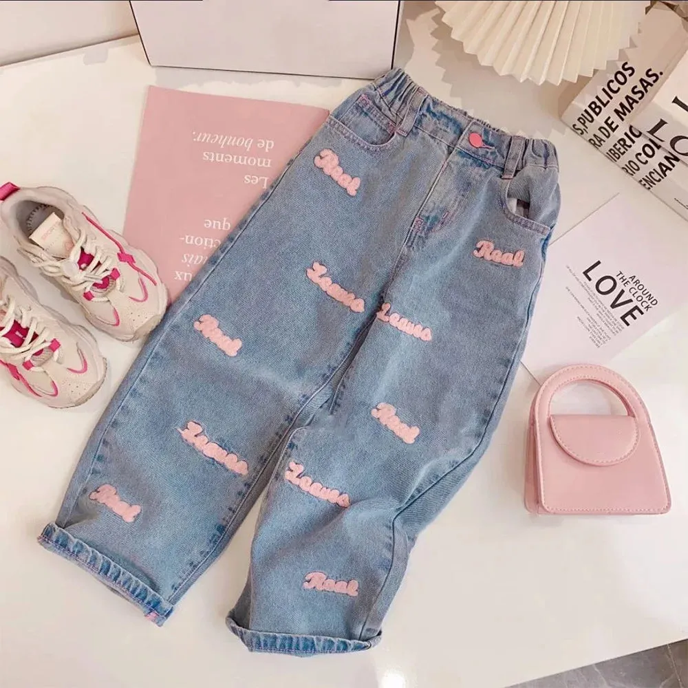 Fall Girls Clothing Set Solid Color Long Sleeve Top Letter Print Wide Leg Jeans 2Pcs For 4-12Y Kids Fashion Outfit