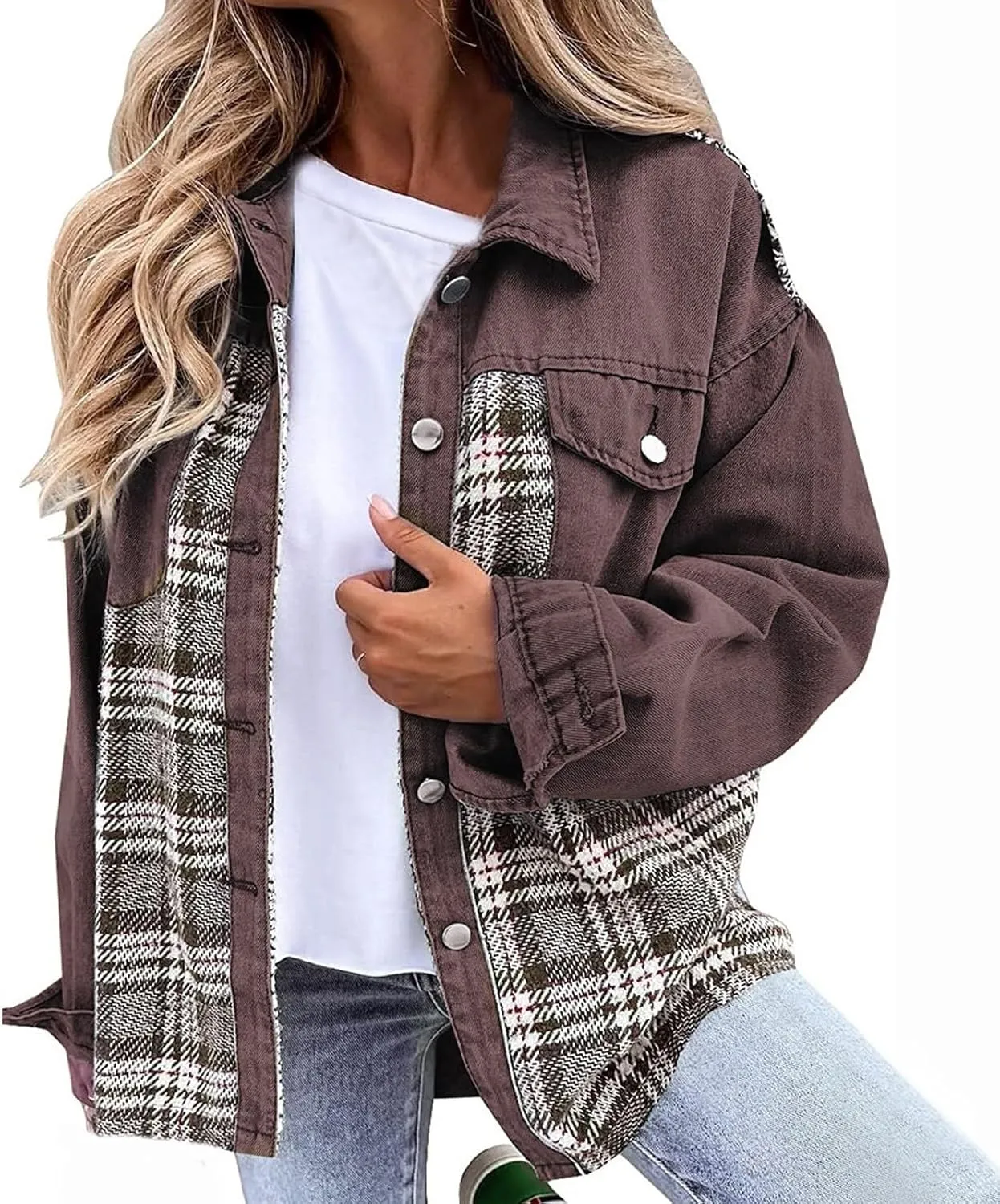 Fall Outfits for Women 2024 Oversized Plaid Denim Jacket Long Sleeve Button Down Shacket Jean Jacket with Pockets