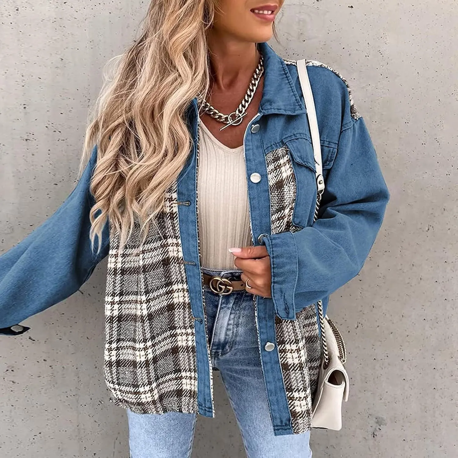 Fall Outfits for Women 2024 Oversized Plaid Denim Jacket Long Sleeve Button Down Shacket Jean Jacket with Pockets