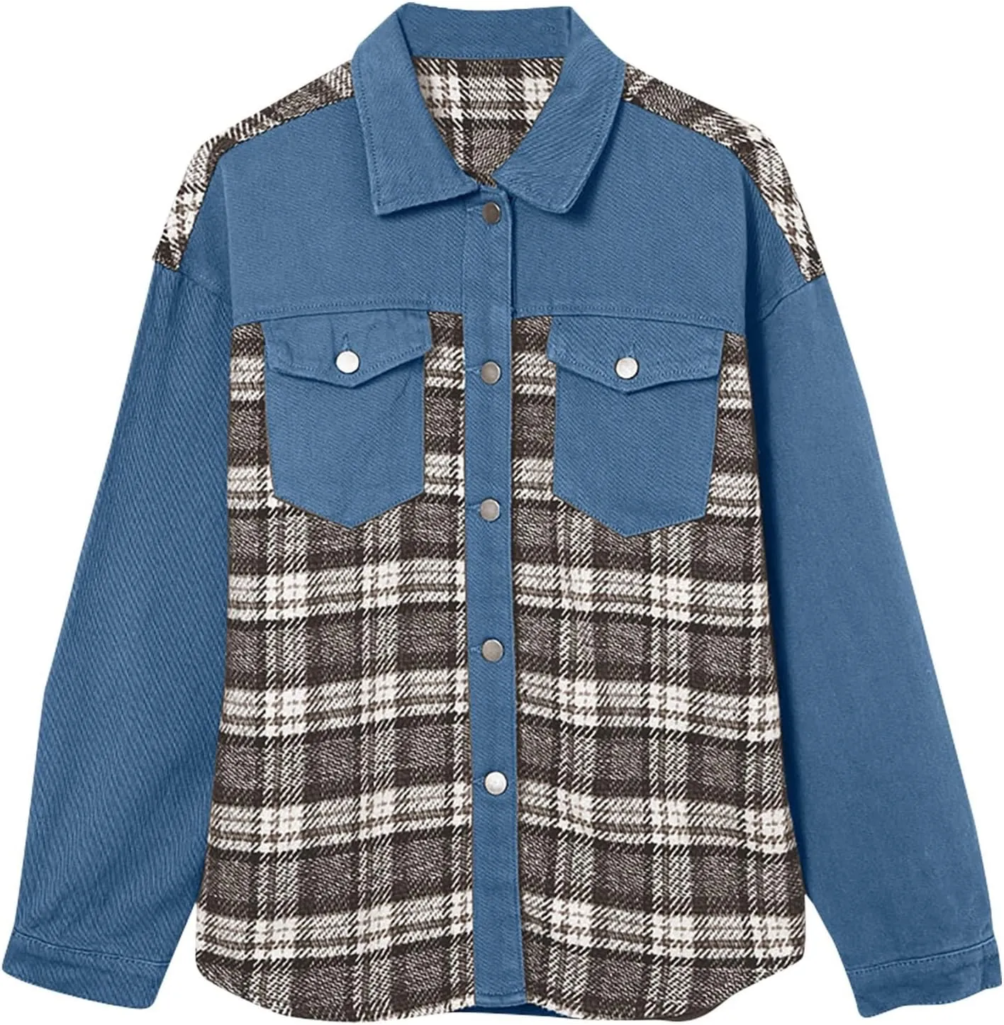 Fall Outfits for Women 2024 Oversized Plaid Denim Jacket Long Sleeve Button Down Shacket Jean Jacket with Pockets