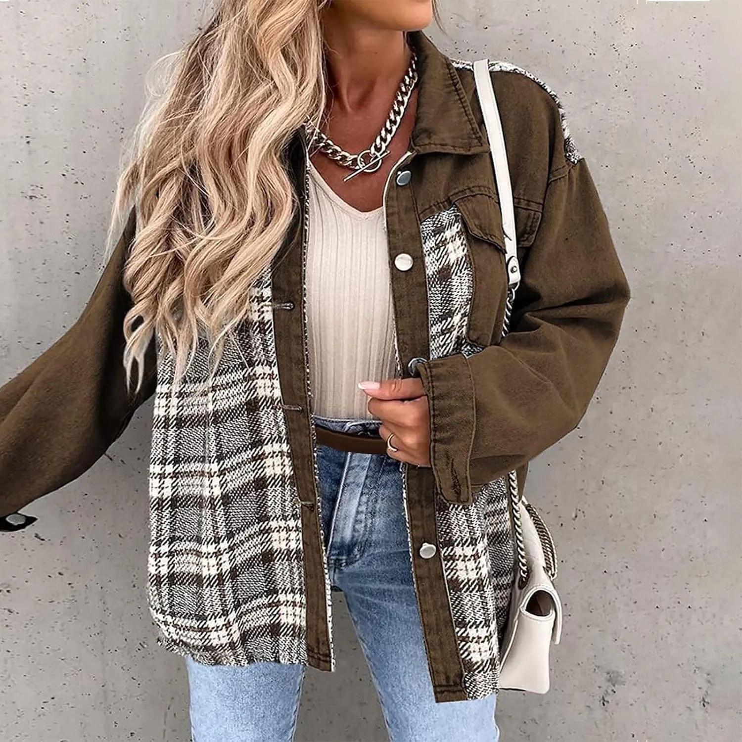 Fall Outfits for Women 2024 Oversized Plaid Denim Jacket Long Sleeve Button Down Shacket Jean Jacket with Pockets