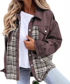 Fall Outfits for Women 2024 Oversized Plaid Denim Jacket Long Sleeve Button Down Shacket Jean Jacket with Pockets