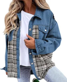 Fall Outfits for Women 2024 Oversized Plaid Denim Jacket Long Sleeve Button Down Shacket Jean Jacket with Pockets