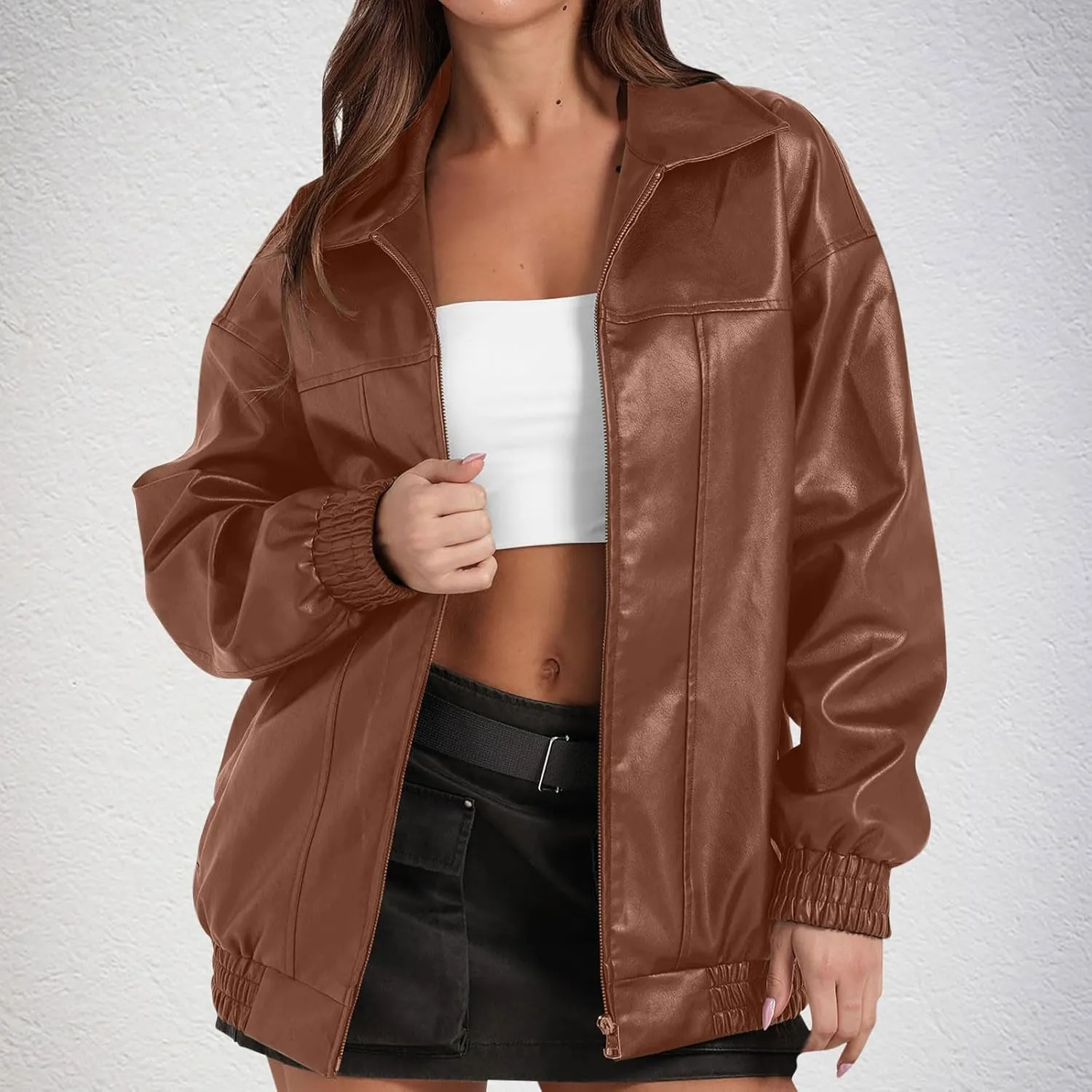 Faux Leather Jacket for Women Lapel Oversized Motorcycle Jacket Zip Up Bomber Coats Winter Fashion 2024 Fall Outfits