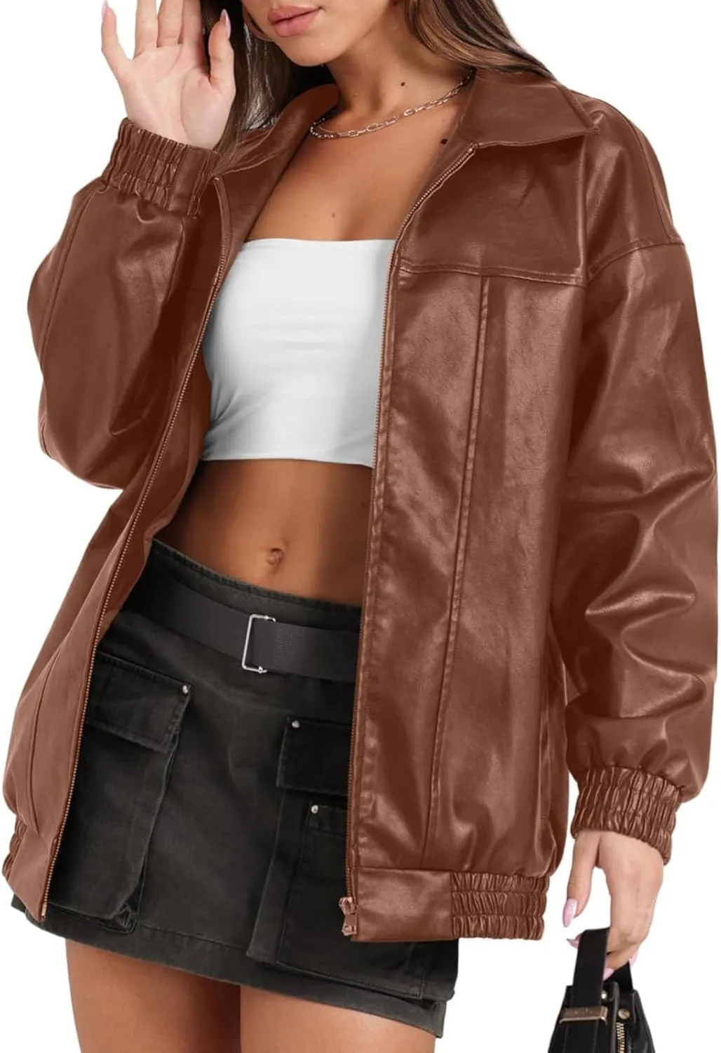 Faux Leather Jacket for Women Lapel Oversized Motorcycle Jacket Zip Up Bomber Coats Winter Fashion 2024 Fall Outfits