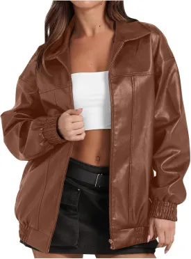 Faux Leather Jacket for Women Lapel Oversized Motorcycle Jacket Zip Up Bomber Coats Winter Fashion 2024 Fall Outfits