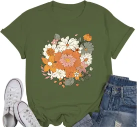 Fkatuzi Boho Floral T Shirt for Women Wildflower Plant Shirts Nature Vintage Flower Graphic Tees Botanical Cotton Tshirt