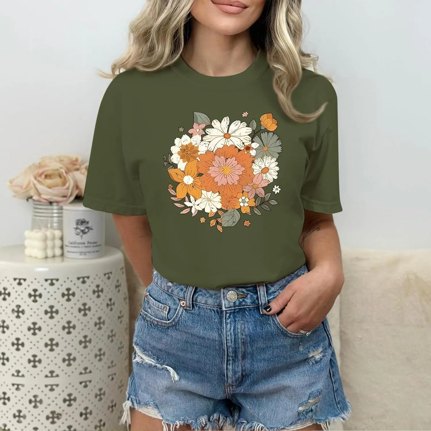 Fkatuzi Boho Floral T Shirt for Women Wildflower Plant Shirts Nature Vintage Flower Graphic Tees Botanical Cotton Tshirt