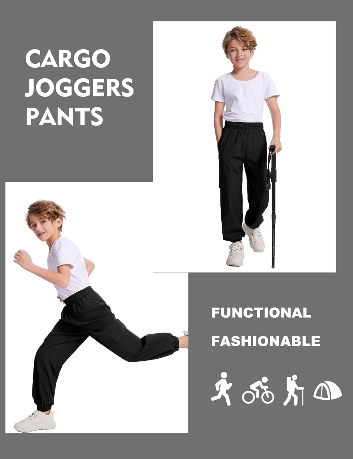 Flygo Boys Cargo Joggers Pants Quick Dry Hiking Pants Lightweight Outdoor Water-Resistant Athletic Track Trousers