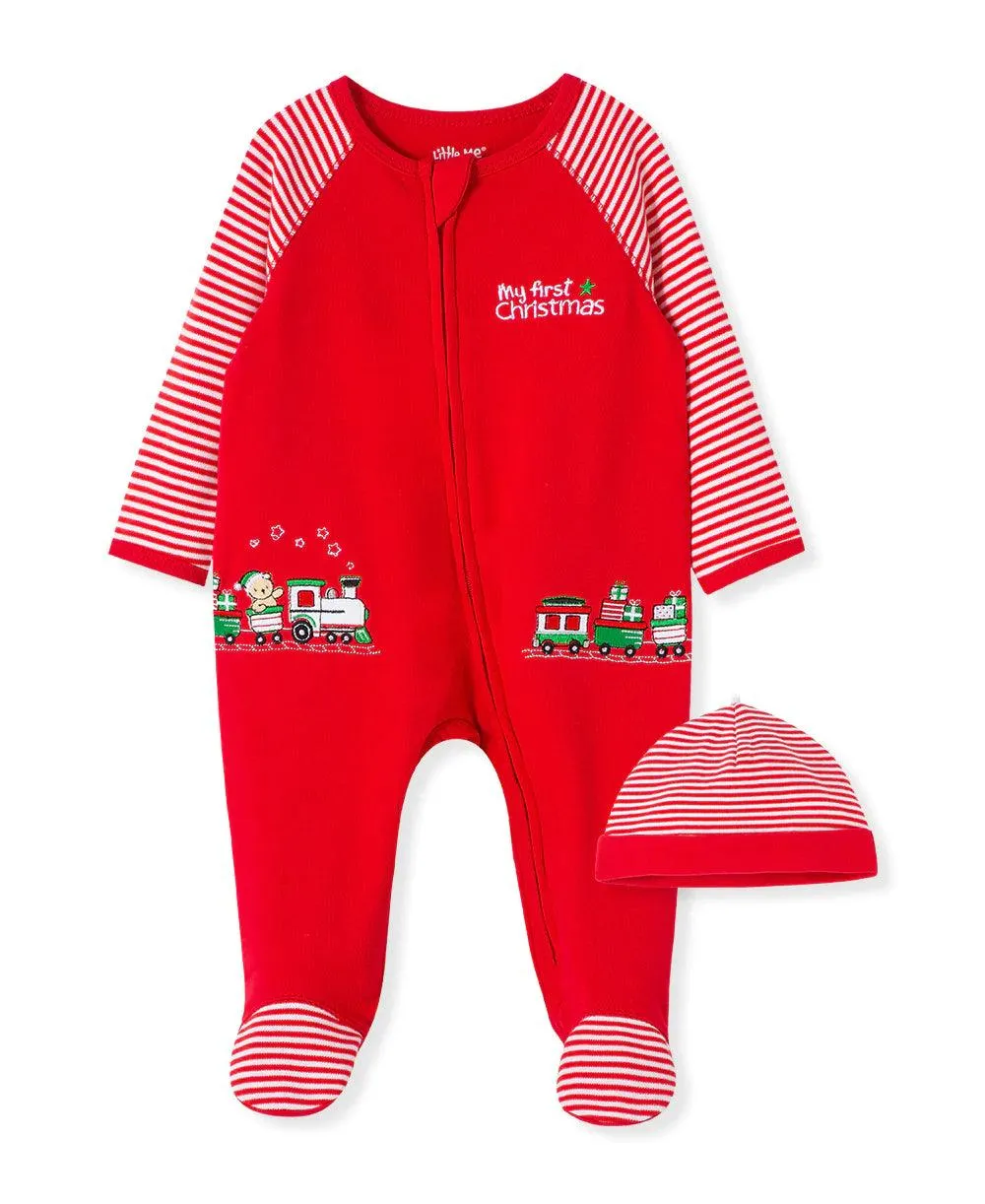 Footed Onesie and Hat Set | Babies First Christmas Holiday Train Pattern | Little Me