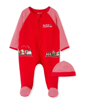Footed Onesie and Hat Set | Babies First Christmas Holiday Train Pattern | Little Me