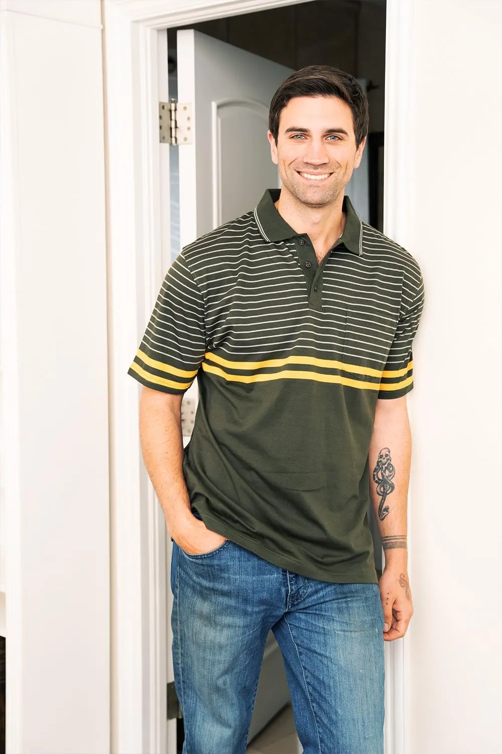 Gioberti Mens Double Striped Contrast Polo Shirt with Pocket - Yarn Dye
