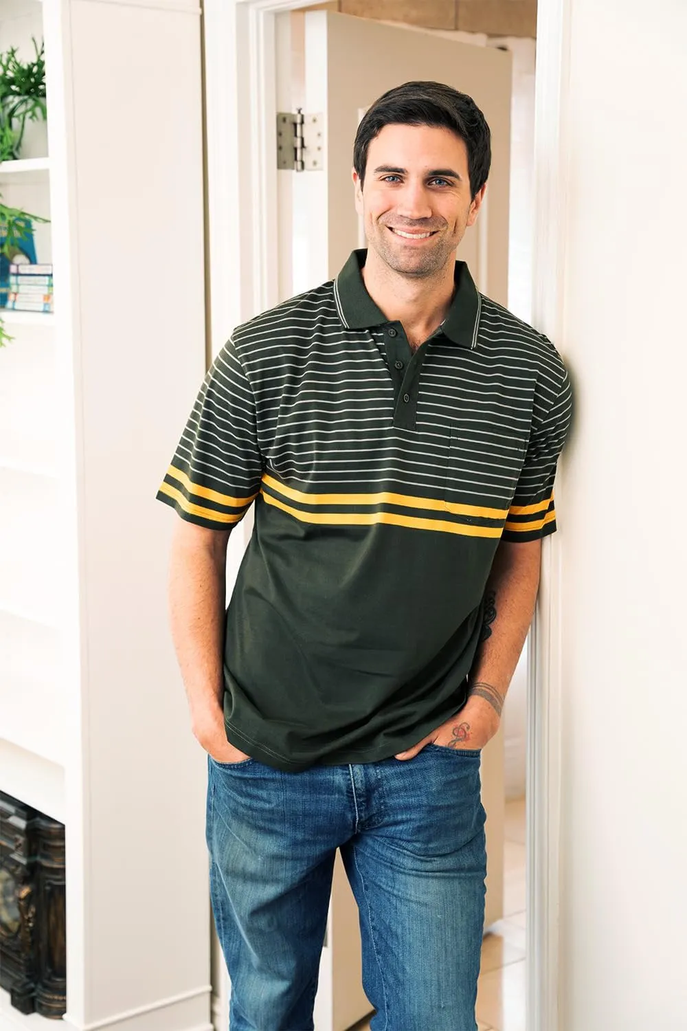 Gioberti Mens Double Striped Contrast Polo Shirt with Pocket - Yarn Dye
