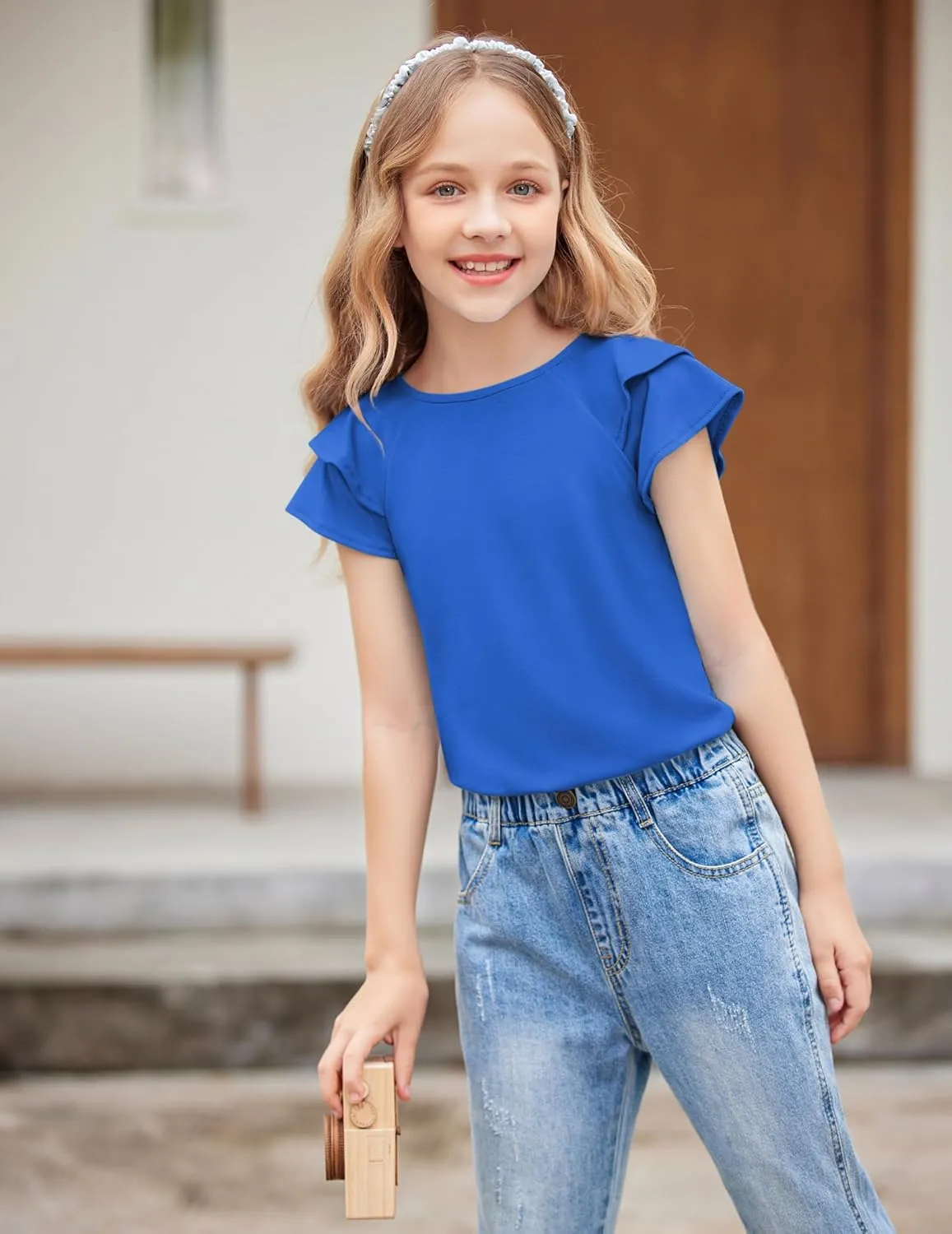 Girls T Shirts Ruffle Short Sleeve Round Neck Loose Blouse Summer Solid Color Casual Girl Tee Tops for 3-12 Years
