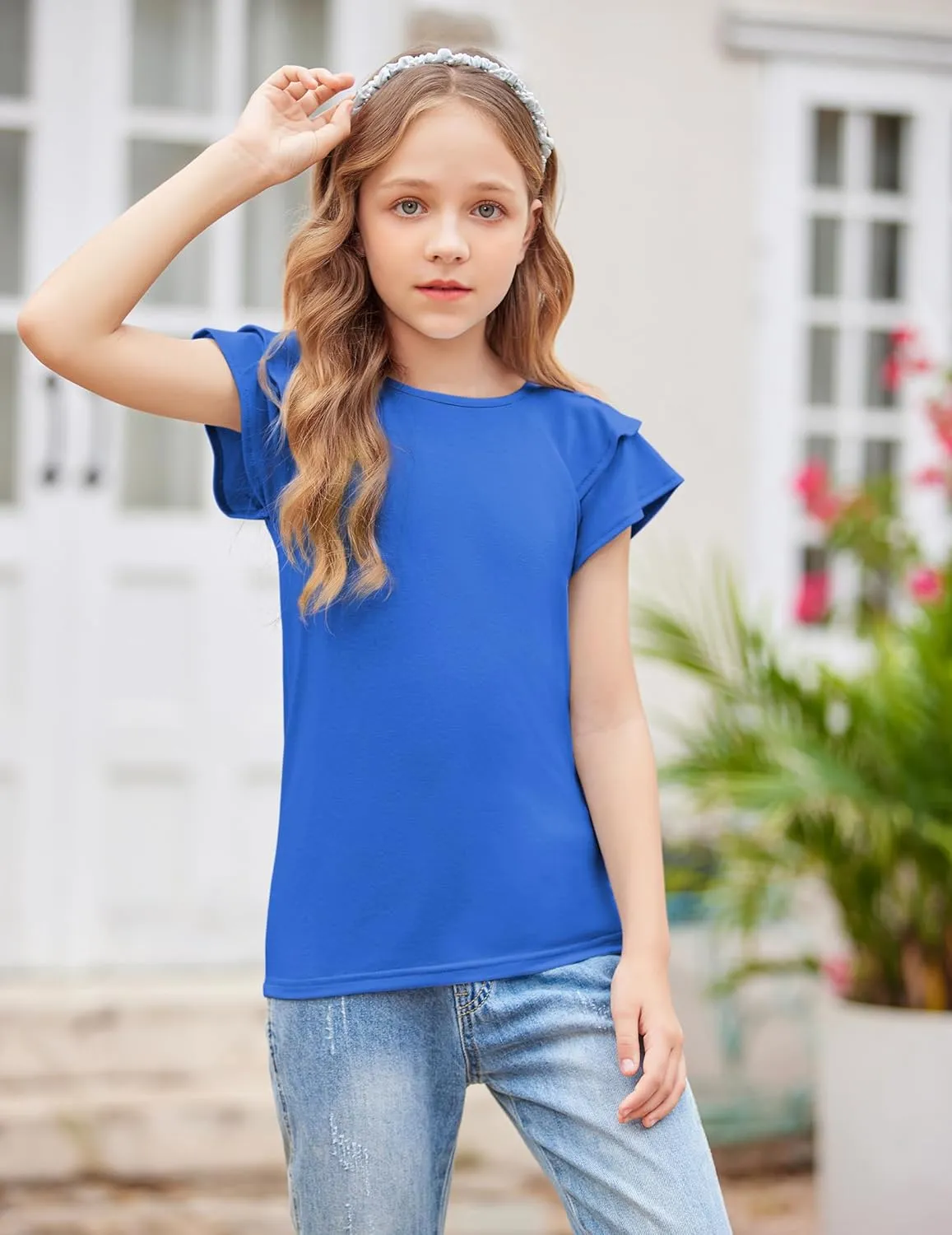 Girls T Shirts Ruffle Short Sleeve Round Neck Loose Blouse Summer Solid Color Casual Girl Tee Tops for 3-12 Years