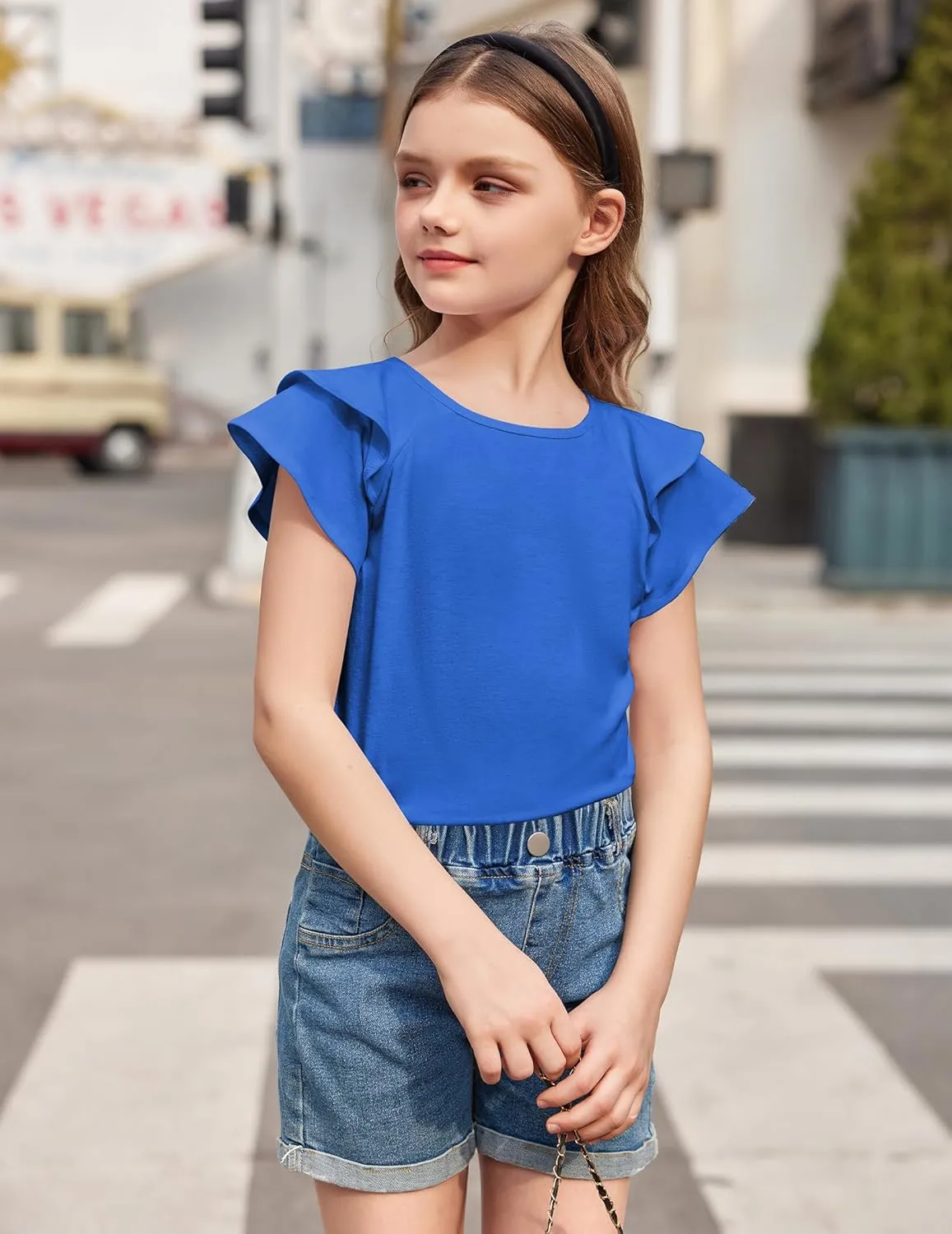 Girls T Shirts Ruffle Short Sleeve Round Neck Loose Blouse Summer Solid Color Casual Girl Tee Tops for 3-12 Years